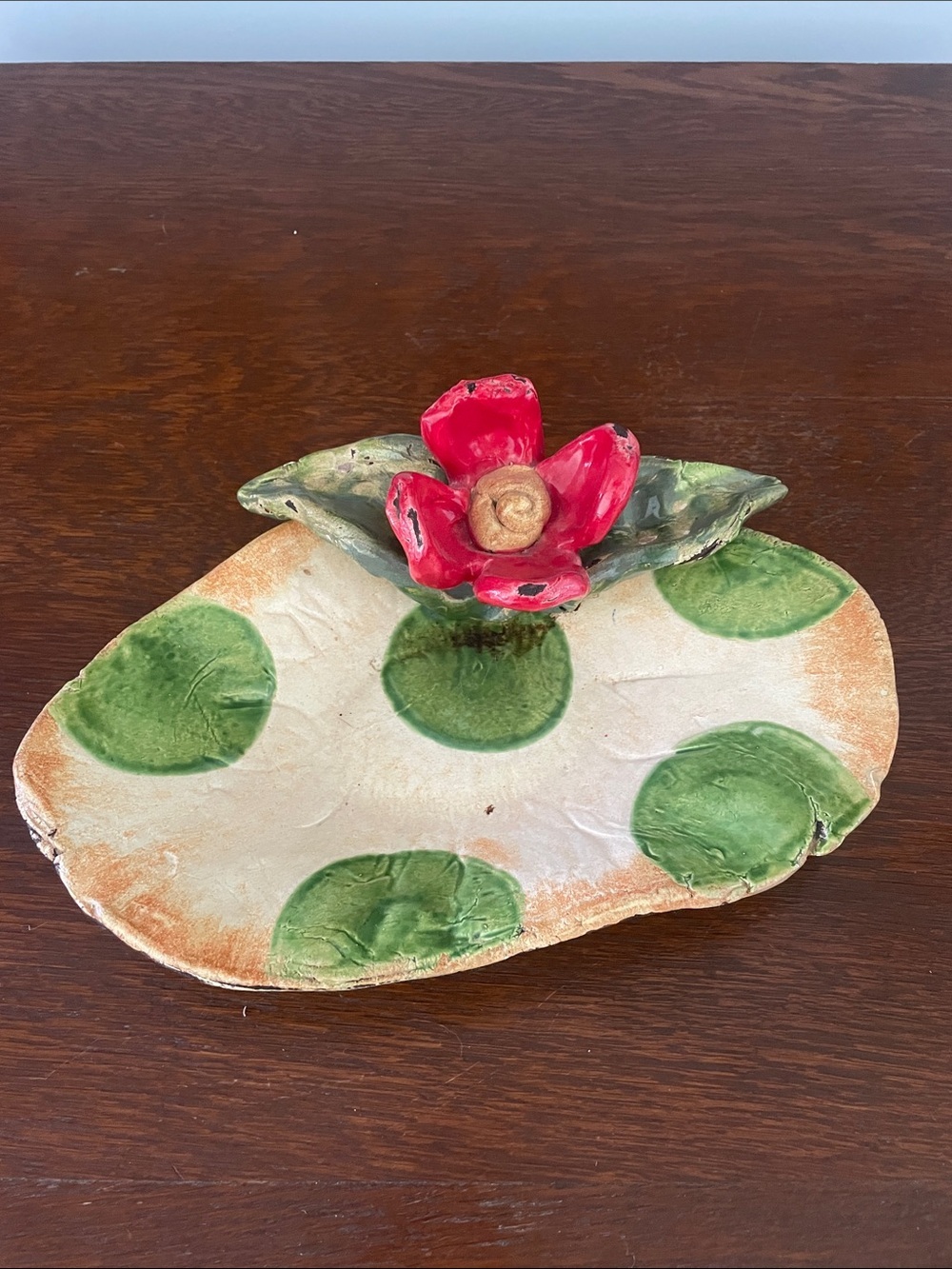 Handcrafted Polka Dot Ceramic Tray with Red Flower Accent